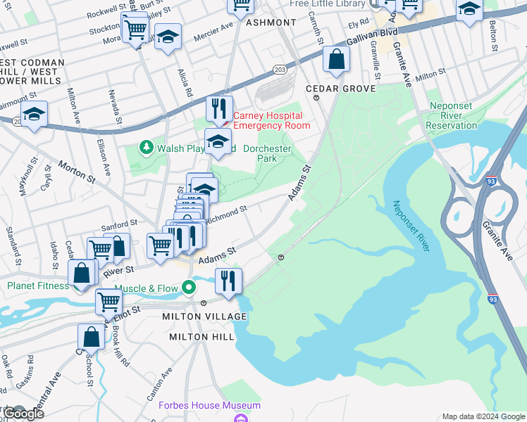 map of restaurants, bars, coffee shops, grocery stores, and more near 107 Richmond Street in Boston