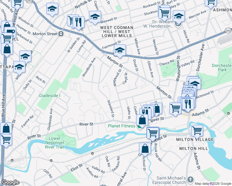 map of restaurants, bars, coffee shops, grocery stores, and more near 72 Clearwater Drive in Boston