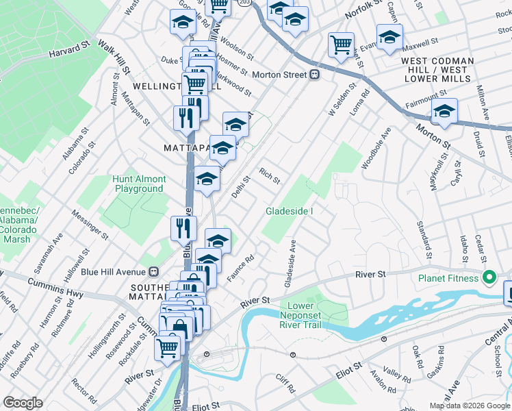 map of restaurants, bars, coffee shops, grocery stores, and more near 31 Violet Street in Boston