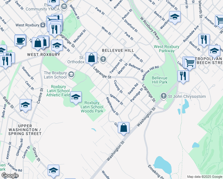 map of restaurants, bars, coffee shops, grocery stores, and more near 88 Cowing Street in Boston