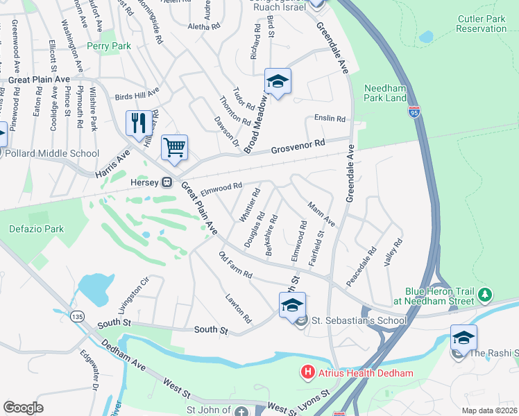 map of restaurants, bars, coffee shops, grocery stores, and more near 66 Douglas Road in Needham