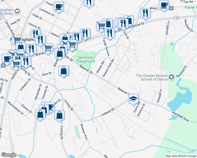 map of restaurants, bars, coffee shops, grocery stores, and more near 172 Beaver Street in Framingham