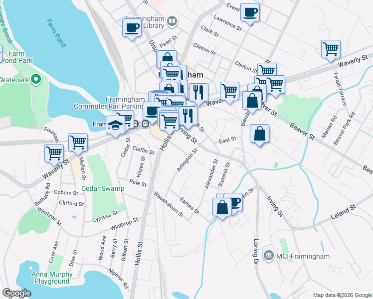 map of restaurants, bars, coffee shops, grocery stores, and more near 33 Arlington Street in Framingham