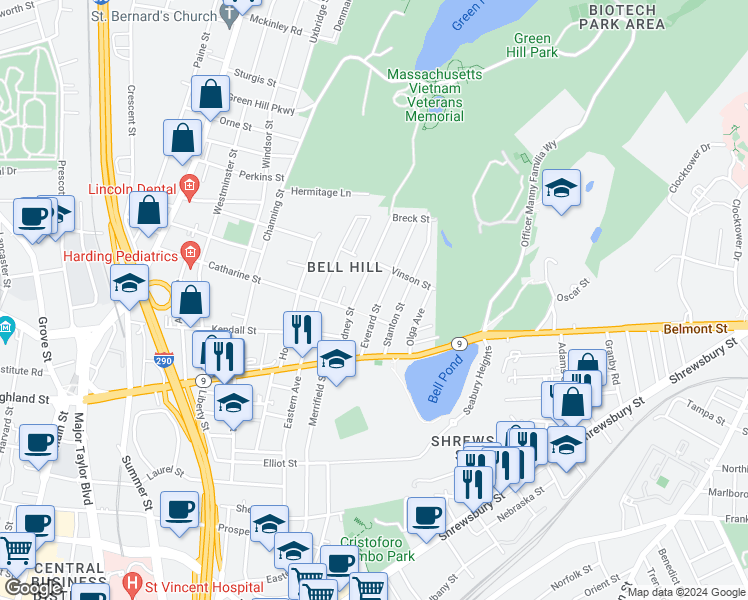 map of restaurants, bars, coffee shops, grocery stores, and more near 38 Everard Street in Worcester