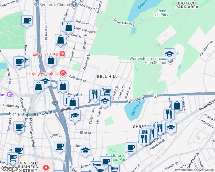 map of restaurants, bars, coffee shops, grocery stores, and more near 57 Rodney Street in Worcester