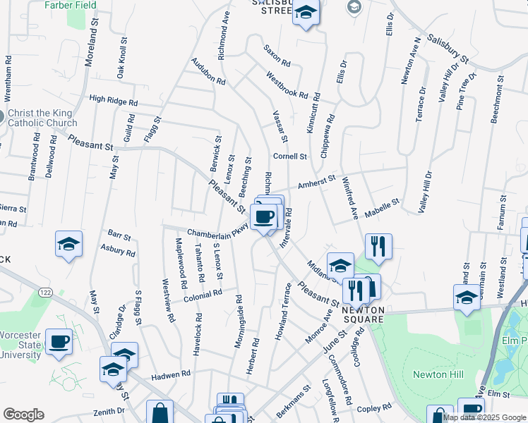map of restaurants, bars, coffee shops, grocery stores, and more near 2 Ureco Terrace in Worcester