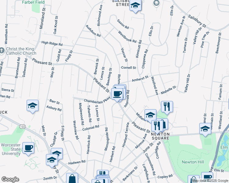 map of restaurants, bars, coffee shops, grocery stores, and more near 2 Ureco Terrace in Worcester