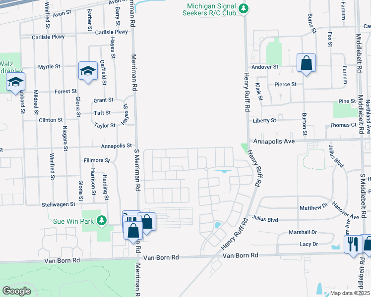 map of restaurants, bars, coffee shops, grocery stores, and more near 513 Apple Street in Westland