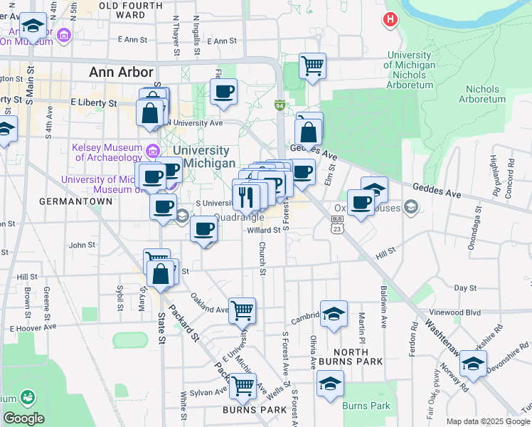 map of restaurants, bars, coffee shops, grocery stores, and more near 611 Church Street in Ann Arbor