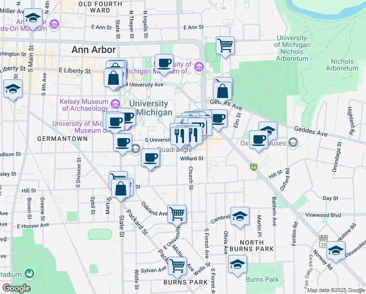 map of restaurants, bars, coffee shops, grocery stores, and more near 611 Church Street in Ann Arbor