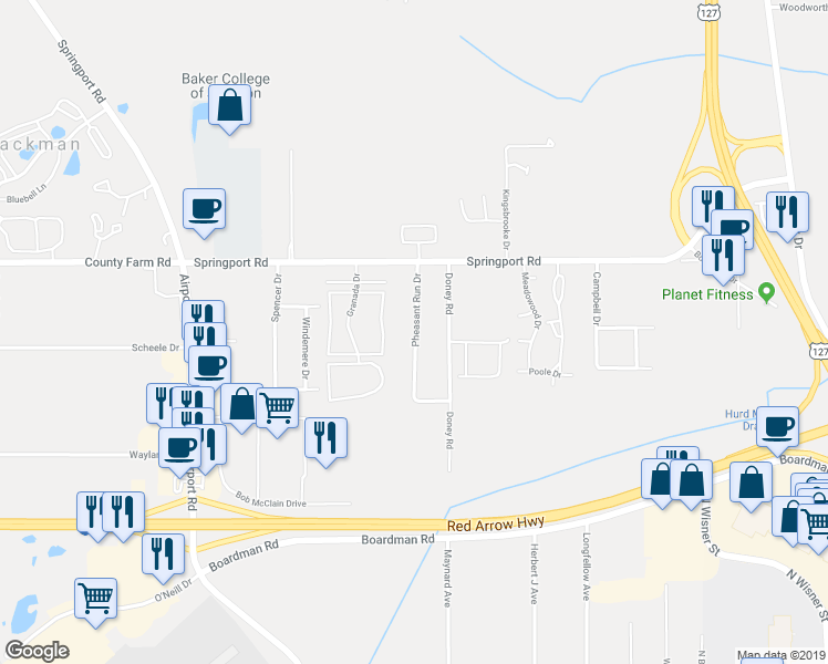 map of restaurants, bars, coffee shops, grocery stores, and more near 2951 Springport Road in Jackson