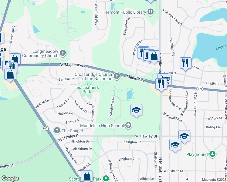 map of restaurants, bars, coffee shops, grocery stores, and more near 667 Woodhaven Drive in Mundelein