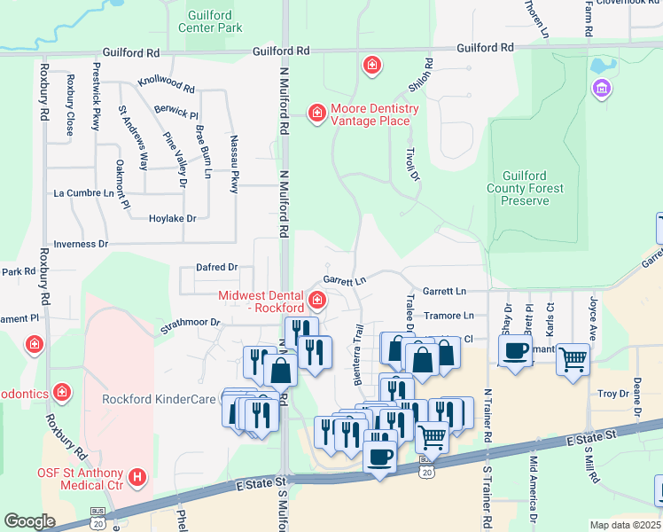 map of restaurants, bars, coffee shops, grocery stores, and more near 6104 Garrett Lane in Rockford