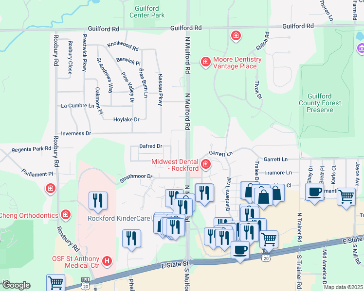 map of restaurants, bars, coffee shops, grocery stores, and more near 590 North Mulford Road in Rockford