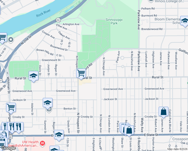map of restaurants, bars, coffee shops, grocery stores, and more near 1810 Rural Street in Rockford