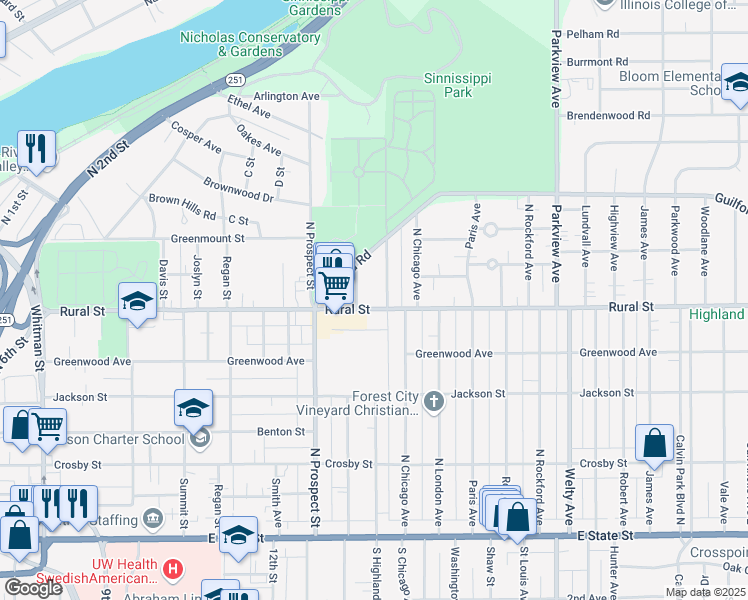 map of restaurants, bars, coffee shops, grocery stores, and more near 1810 Rural Street in Rockford
