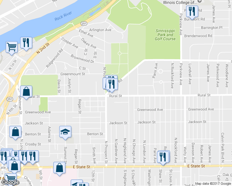 map of restaurants, bars, coffee shops, grocery stores, and more near 1724 Rural Street in Rockford