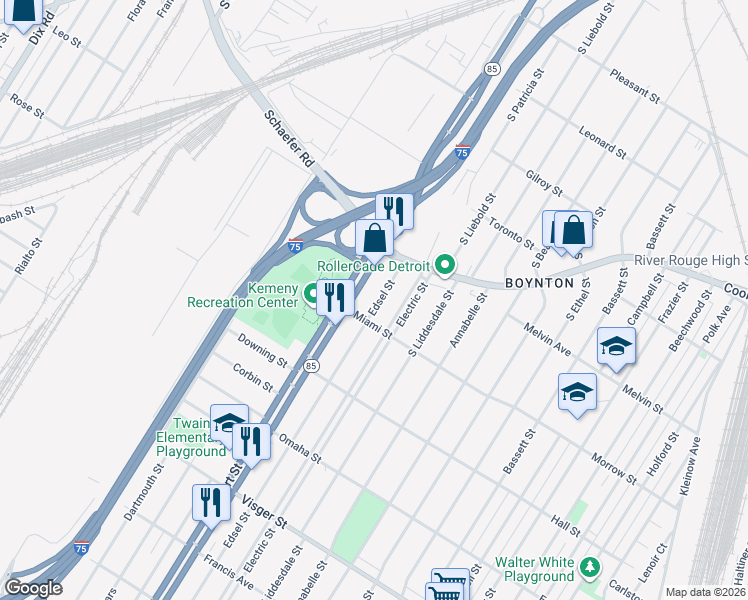 map of restaurants, bars, coffee shops, grocery stores, and more near 1908 Edsel Street in Detroit