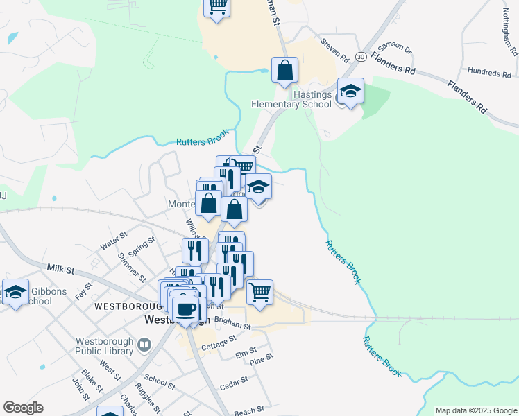 map of restaurants, bars, coffee shops, grocery stores, and more near 57 East Main Street in Westborough
