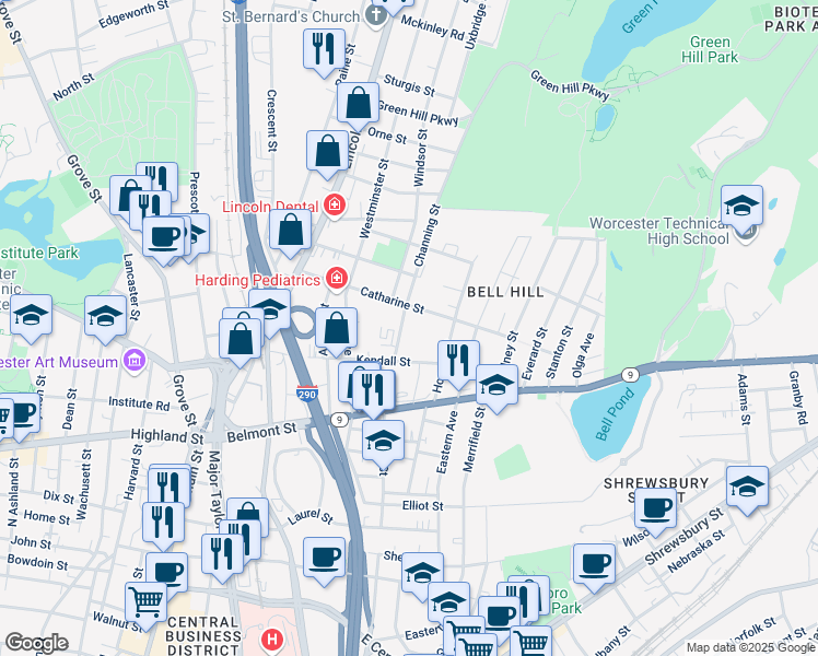 map of restaurants, bars, coffee shops, grocery stores, and more near 12A Channing Street in Worcester