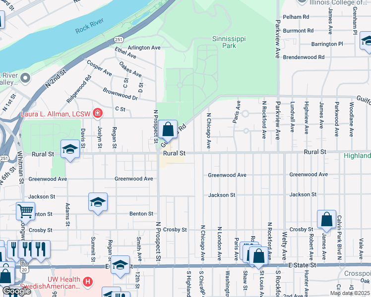 map of restaurants, bars, coffee shops, grocery stores, and more near 1810 Rural St in Rockford
