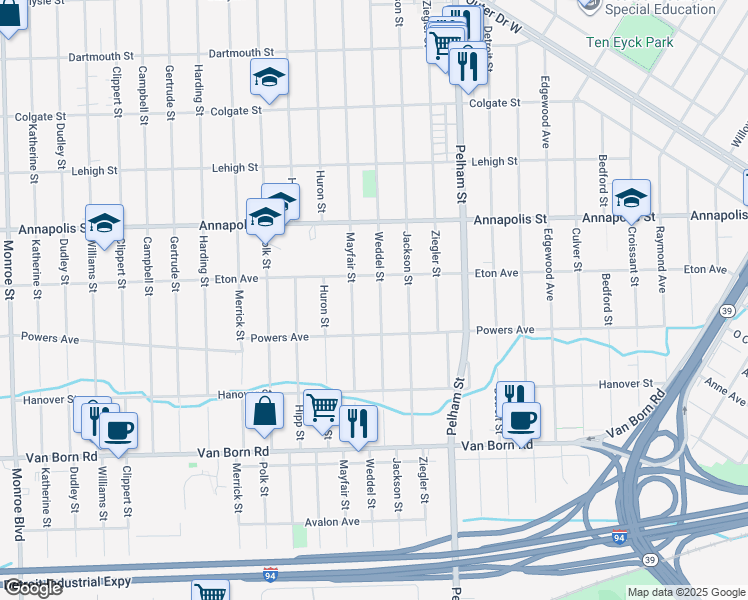 map of restaurants, bars, coffee shops, grocery stores, and more near 4952 Weddel Street in Dearborn Heights