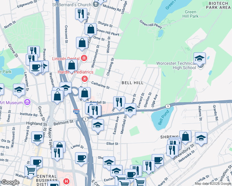 map of restaurants, bars, coffee shops, grocery stores, and more near 31 Hooper Street in Worcester
