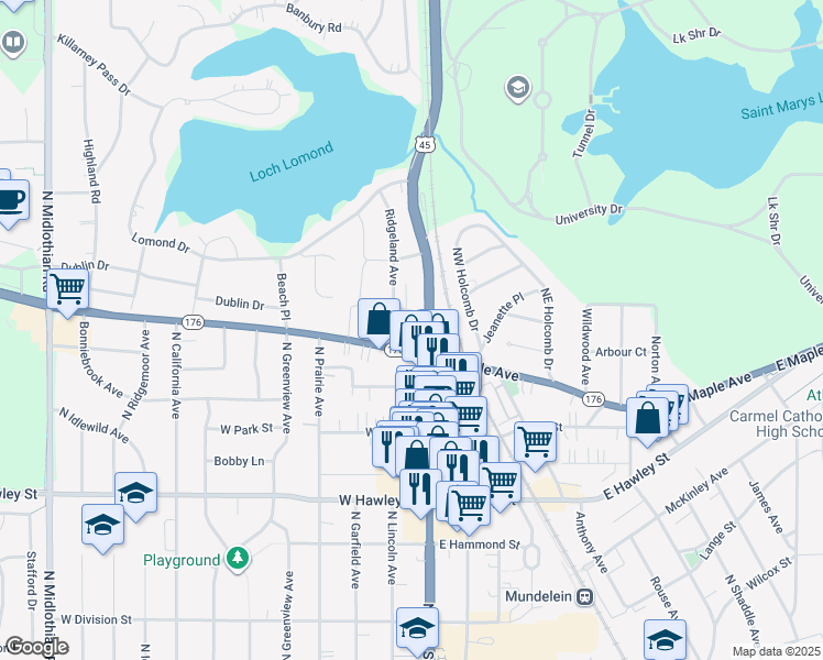 map of restaurants, bars, coffee shops, grocery stores, and more near 18 West Maple Avenue in Mundelein