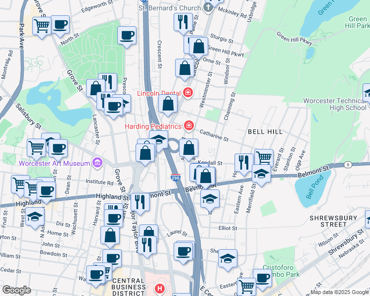 map of restaurants, bars, coffee shops, grocery stores, and more near 12 Auburn Street in Worcester