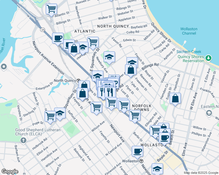 map of restaurants, bars, coffee shops, grocery stores, and more near 10 Pierce Street in Quincy