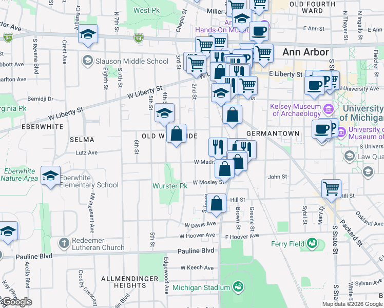 map of restaurants, bars, coffee shops, grocery stores, and more near 544 2nd Street in Ann Arbor