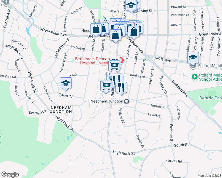 map of restaurants, bars, coffee shops, grocery stores, and more near 333 Chestnut Street in Needham