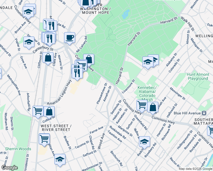 map of restaurants, bars, coffee shops, grocery stores, and more near 22 Pleasantview Street in Boston