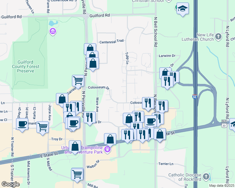 map of restaurants, bars, coffee shops, grocery stores, and more near 7230 Colosseum Dr in Rockford