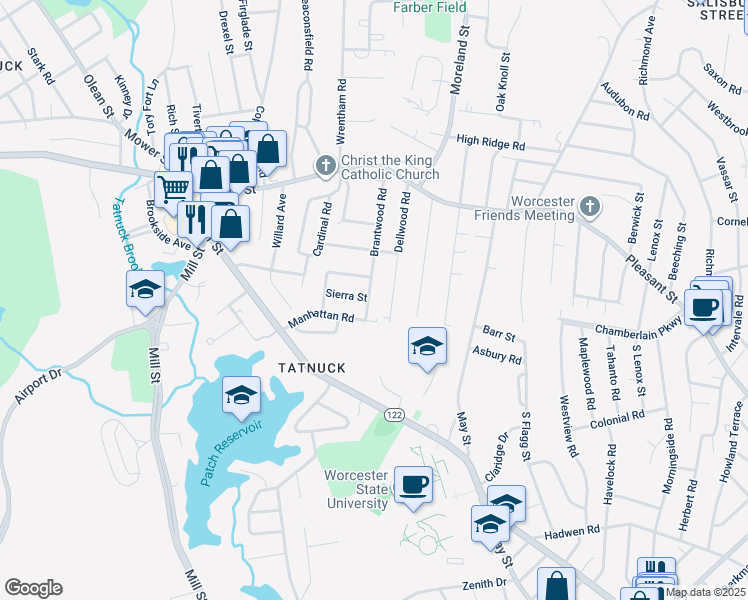 map of restaurants, bars, coffee shops, grocery stores, and more near 89 Brantwood Road in Worcester