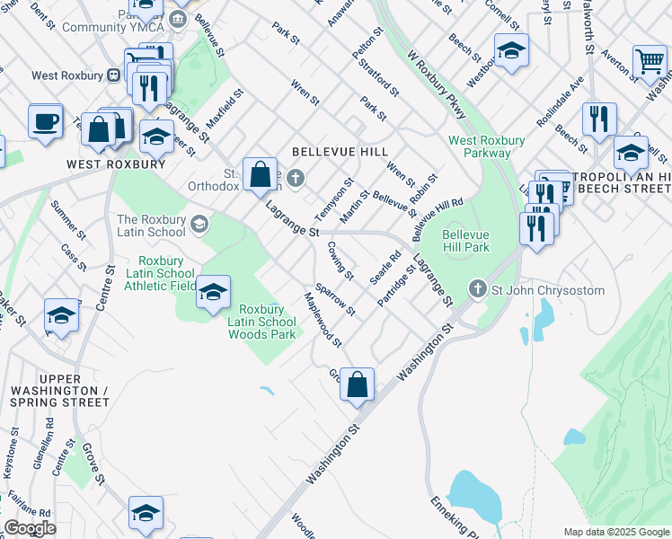 map of restaurants, bars, coffee shops, grocery stores, and more near 88 Cowing Street in Boston