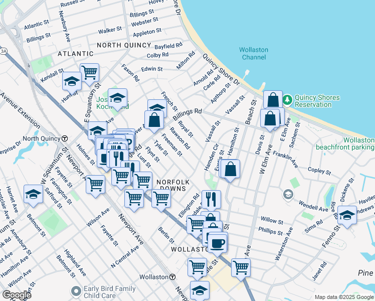 map of restaurants, bars, coffee shops, grocery stores, and more near 59 Rawson Road in Quincy