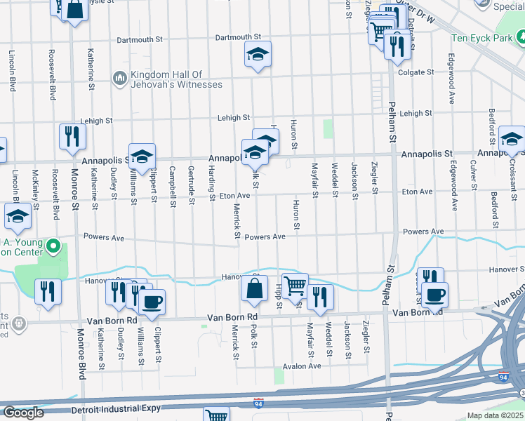 map of restaurants, bars, coffee shops, grocery stores, and more near 4941 Polk St in Dearborn Heights