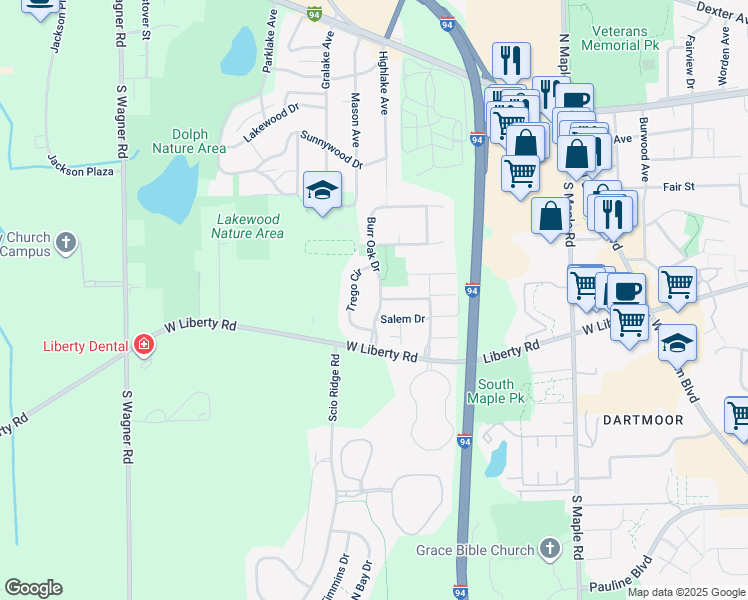 map of restaurants, bars, coffee shops, grocery stores, and more near 648 Burr Oak Drive in Ann Arbor