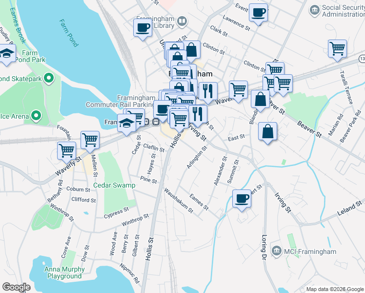 map of restaurants, bars, coffee shops, grocery stores, and more near 29 Gordon Street in Framingham