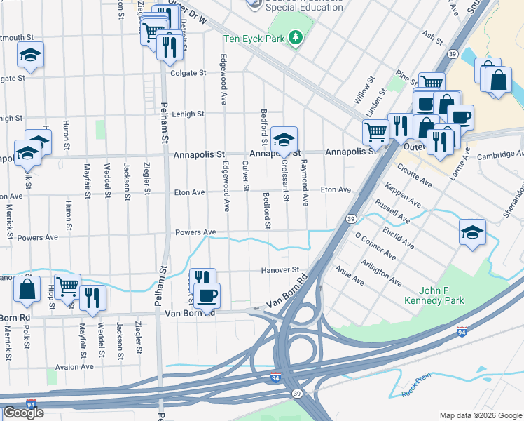 map of restaurants, bars, coffee shops, grocery stores, and more near 18346 Powers Avenue in Dearborn Heights