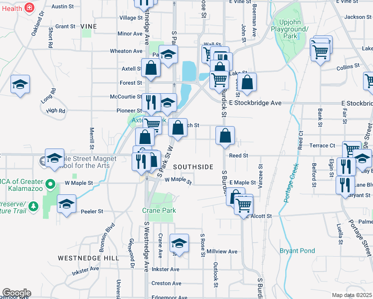 map of restaurants, bars, coffee shops, grocery stores, and more near 1714 South Park Street West in Kalamazoo