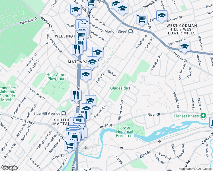 map of restaurants, bars, coffee shops, grocery stores, and more near 31 Violet Street in Boston