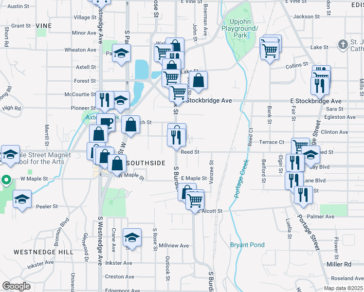 map of restaurants, bars, coffee shops, grocery stores, and more near 1717 South Burdick Street in Kalamazoo