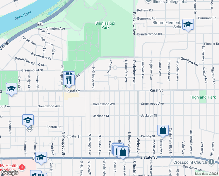map of restaurants, bars, coffee shops, grocery stores, and more near 707 Paris Ave in Rockford