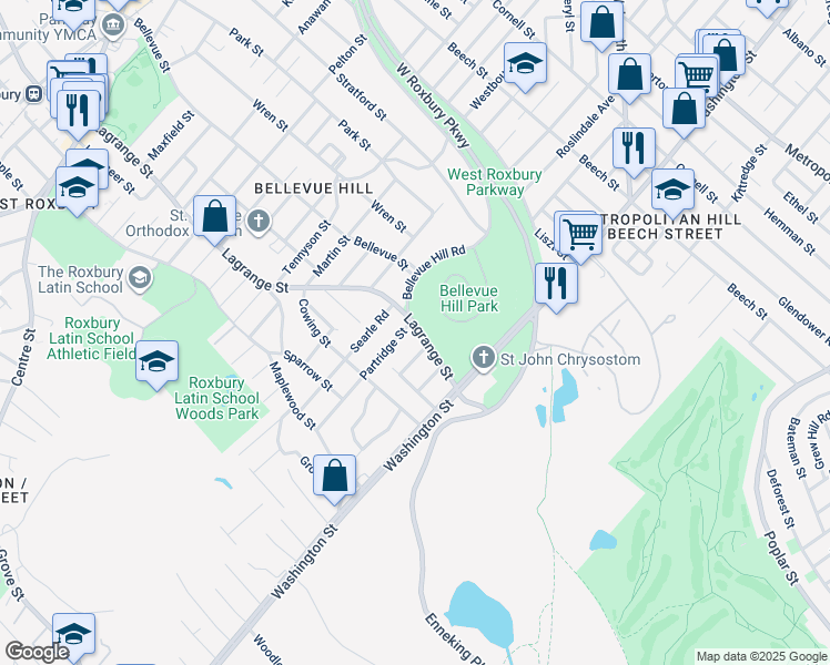 map of restaurants, bars, coffee shops, grocery stores, and more near 60 Lagrange Street in Boston