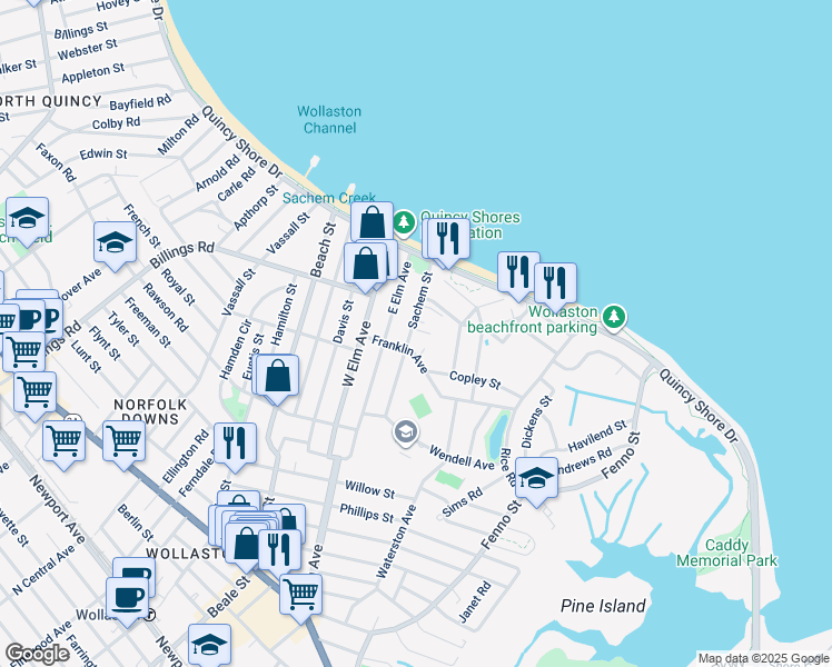 map of restaurants, bars, coffee shops, grocery stores, and more near 1 Sachem Park in Quincy