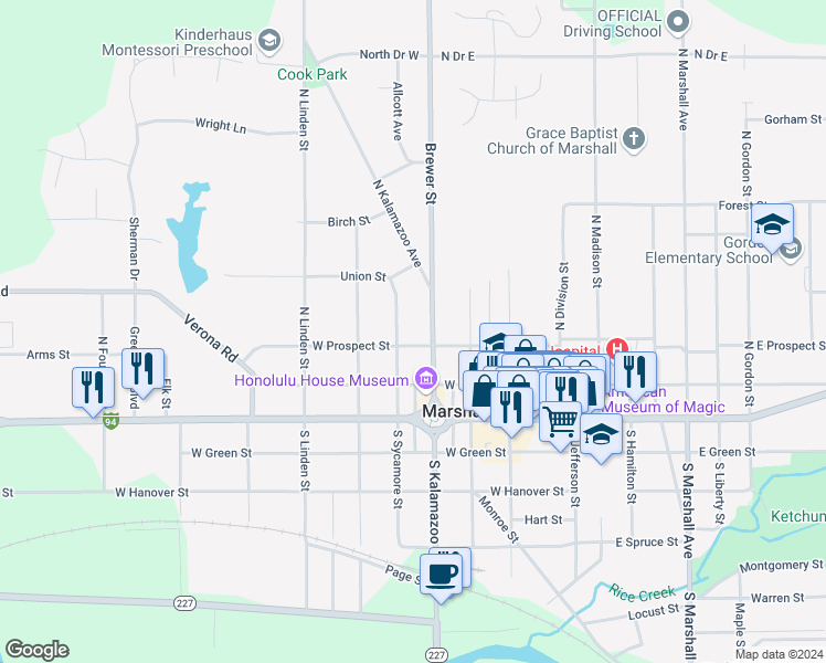 map of restaurants, bars, coffee shops, grocery stores, and more near 303 North Kalamazoo Avenue in Marshall