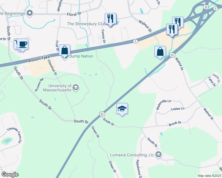 map of restaurants, bars, coffee shops, grocery stores, and more near 69 Commons Drive in Shrewsbury