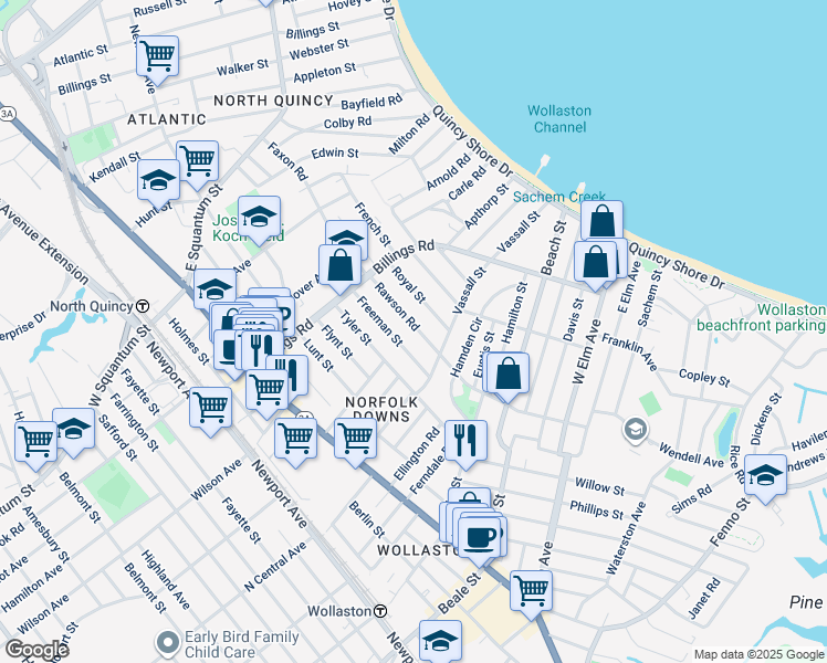 map of restaurants, bars, coffee shops, grocery stores, and more near 59 Rawson Road in Quincy